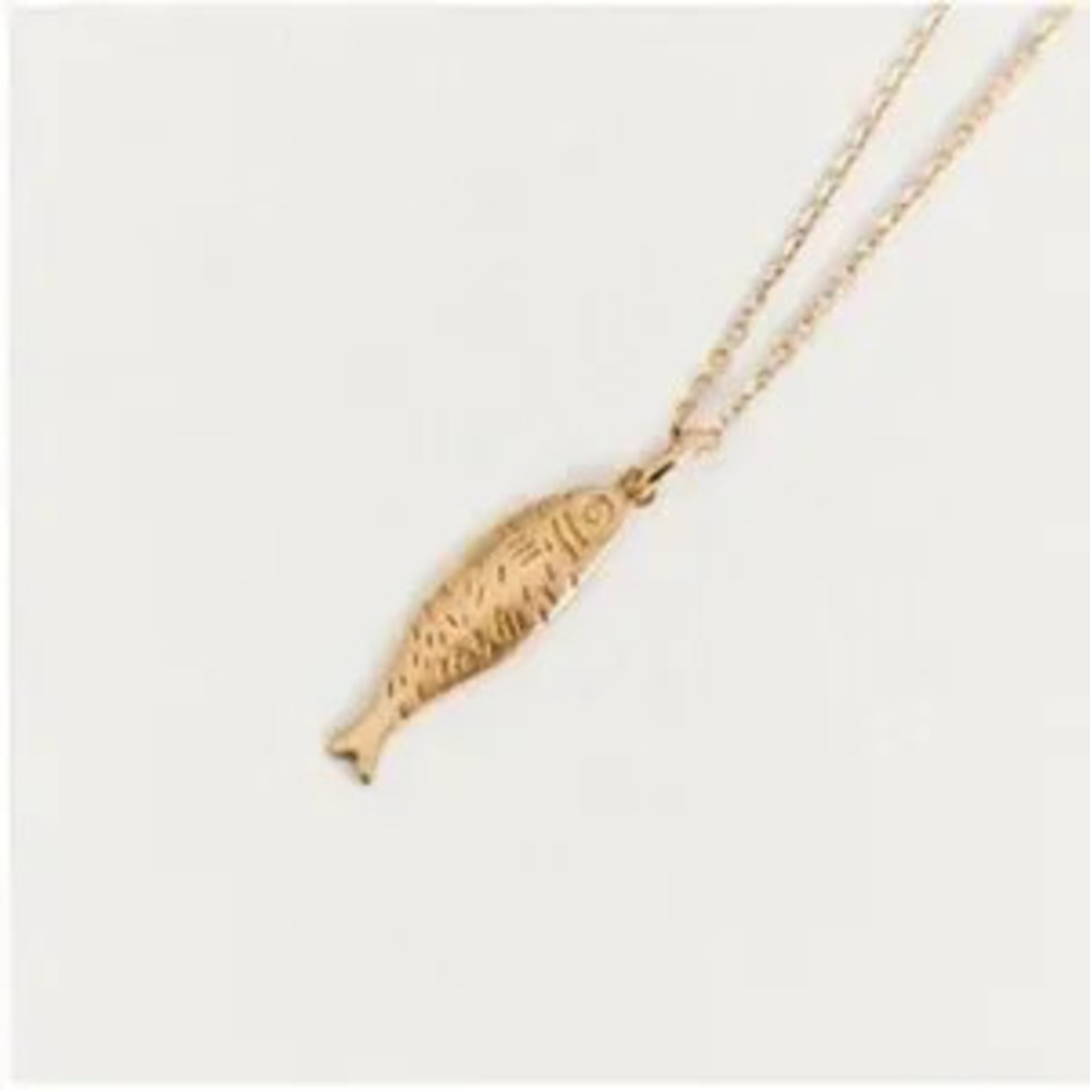 New! 14K Gold Plated Fish Sardine Charm Necklace NWOT Gift Minimalist - Picture 1 of 2
